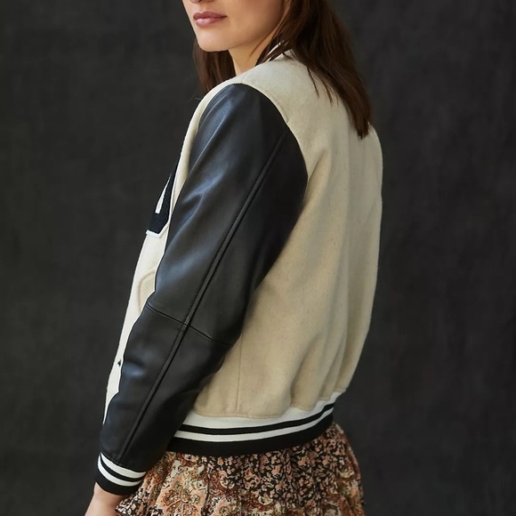 NWT - Anthropologie Deadwood Recycled Lambskin Leather Sleeves Varsity Jacket​ - Picture 7 of 8
